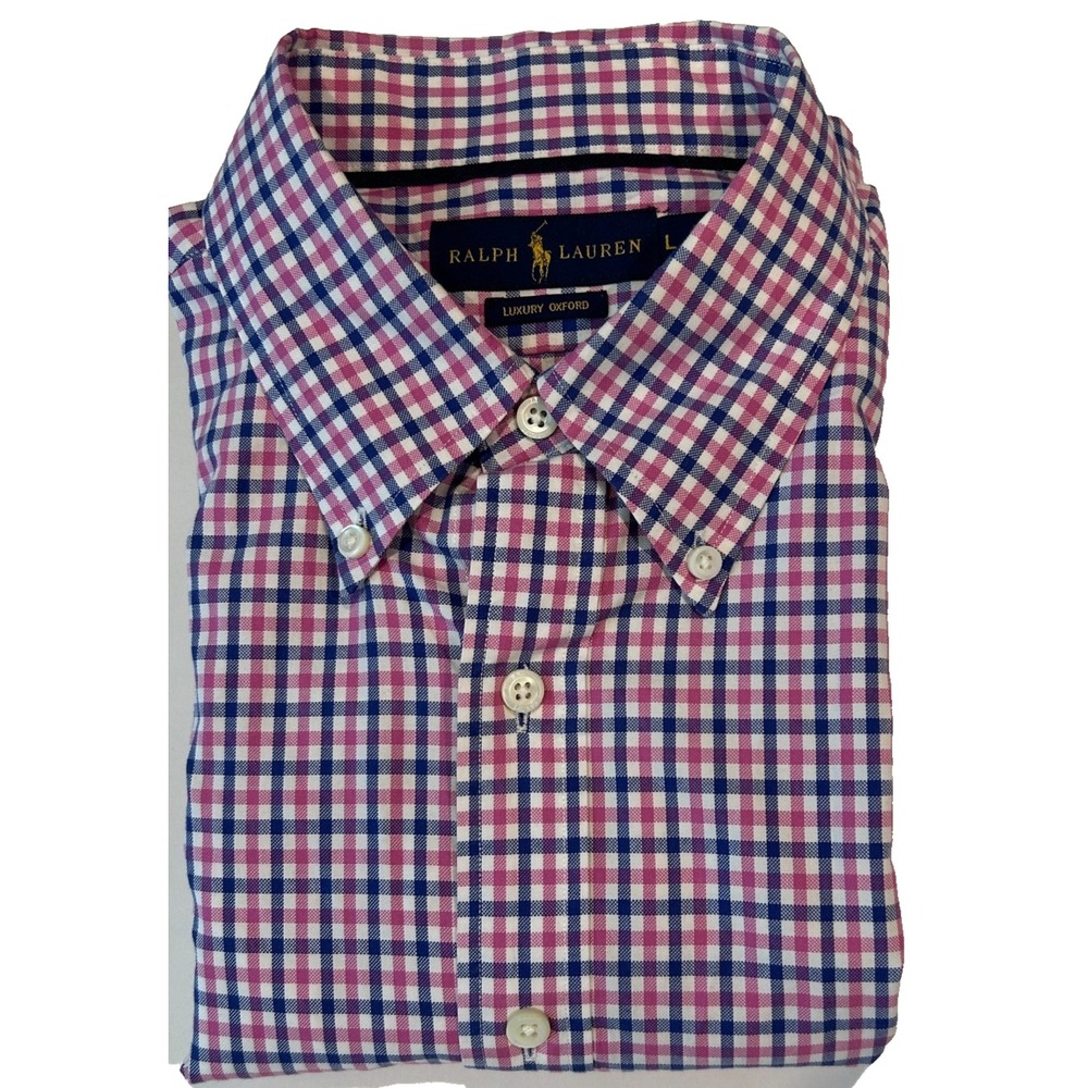 Ralph Lauren Luxury Oxford Mens Dress Shirt Large Cotton Pink White Purple Check